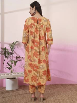 mustard linen a line pintucks kurta pant 3
