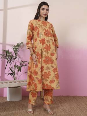 mustard linen a line pintucks kurta pant 5