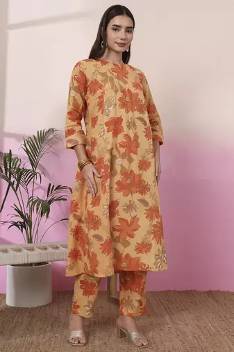 mustard linen a line pintucks kurta pant