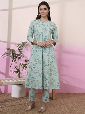 sea green linen a line pintucks kurta pant 1