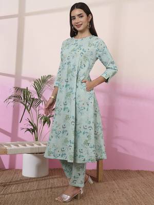 sea green linen a line pintucks kurta pant 2