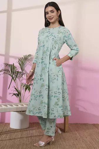 sea green linen a line pintucks kurta pant