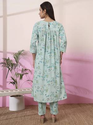 sea green linen a line pintucks kurta pant 3