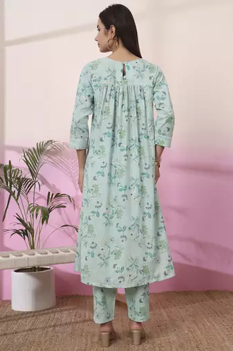 sea green linen a line pintucks kurta pant