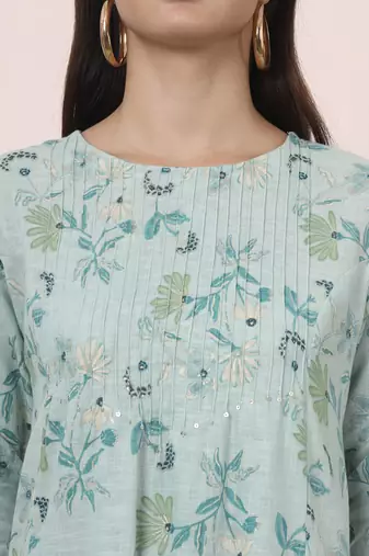 sea green linen a line pintucks kurta pant