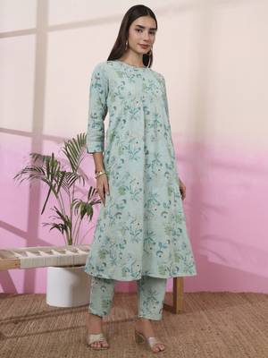 sea green linen a line pintucks kurta pant 5