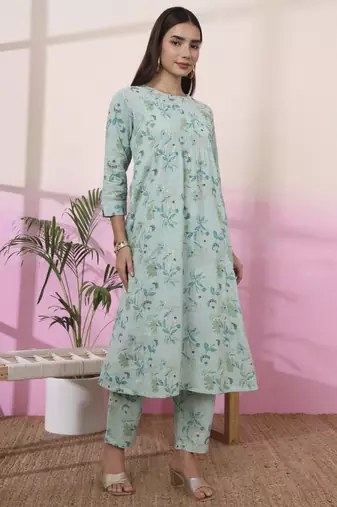 sea green linen a line pintucks kurta pant
