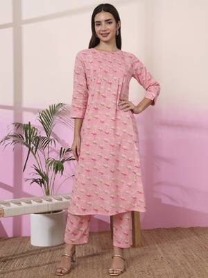 pink linen a line pintucks kurta pant 1