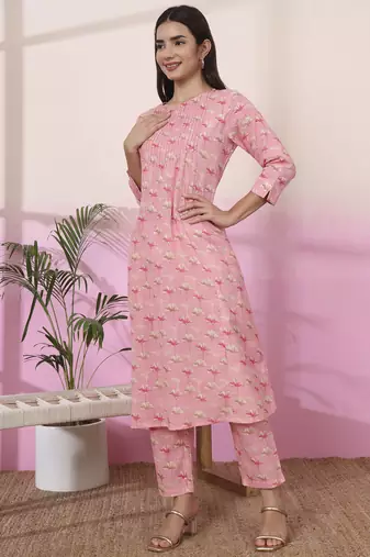 pink linen a line pintucks kurta pant
