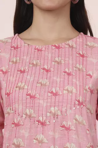 pink linen a line pintucks kurta pant