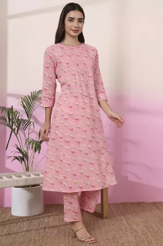 pink linen a line pintucks kurta pant