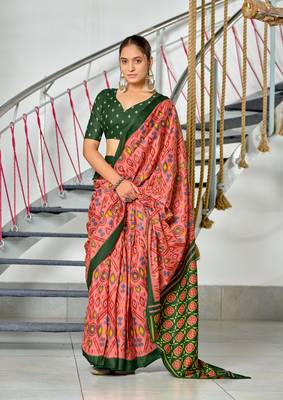 ready made peach mulmul cotton saree with block print blouse 1