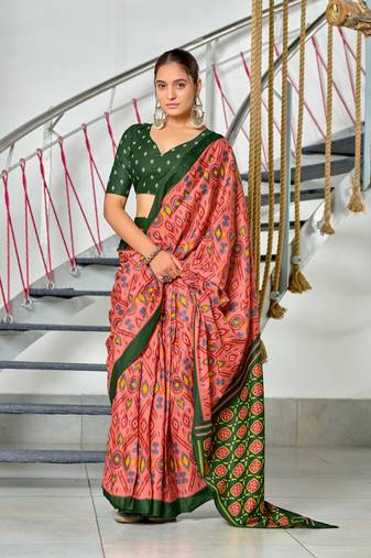Peach mulmul cotton pre stitched saree with block print blouse