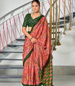 ready to wear peach mulmul cotton saree with block print blouse