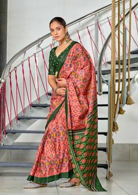 ready made peach mulmul cotton saree with block print blouse 2