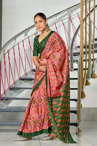 ready made peach mulmul cotton saree with block print blouse