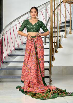 ready made peach mulmul cotton saree with block print blouse 3