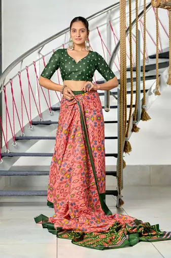 ready made peach mulmul cotton saree with block print blouse