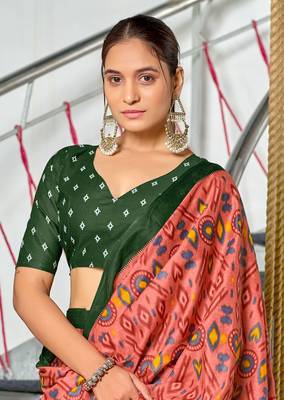 ready made peach mulmul cotton saree with block print blouse 4