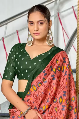 ready made peach mulmul cotton saree with block print blouse