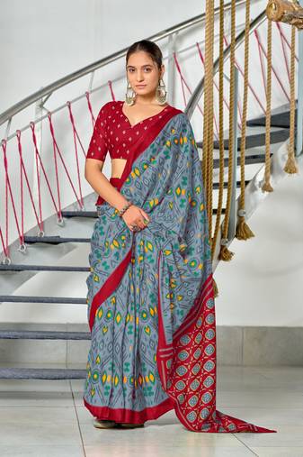 Grey mulmul cotton pre stitched saree with block print blouse