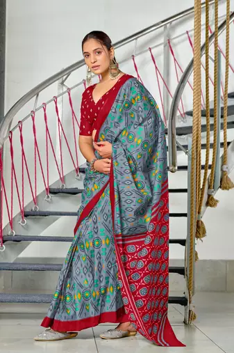 pre-stitched grey mulmul cotton saree with block print blouse