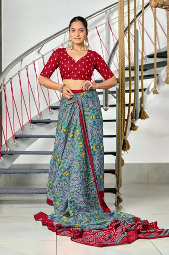 pre-stitched grey mulmul cotton saree with block print blouse