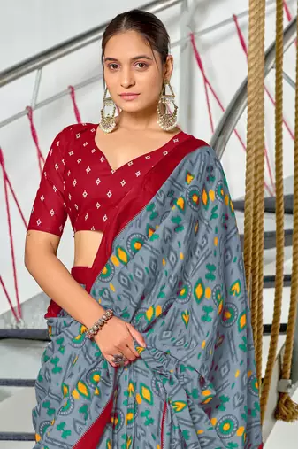 pre-stitched grey mulmul cotton saree with block print blouse