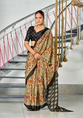 ready to wear light olive mulmul cotton saree with block print blouse 1