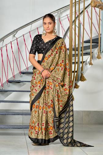 light olive mulmul cotton pre stitched saree with block print blouse