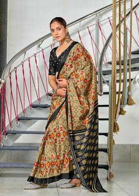 ready to wear light olive mulmul cotton saree with block print blouse 2