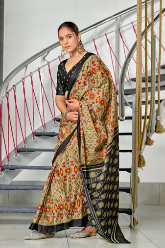 ready to wear light olive mulmul cotton saree with block print blouse