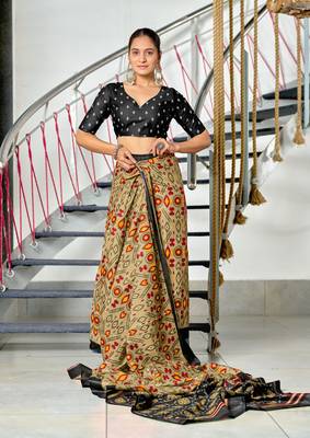 ready to wear light olive mulmul cotton saree with block print blouse 3