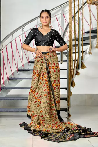 ready to wear light olive mulmul cotton saree with block print blouse