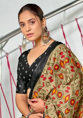 ready to wear light olive mulmul cotton saree with block print blouse 4