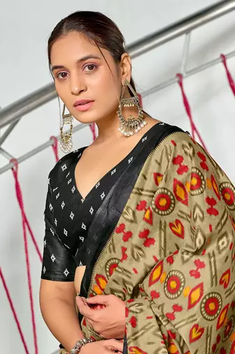 ready to wear light olive mulmul cotton saree with block print blouse