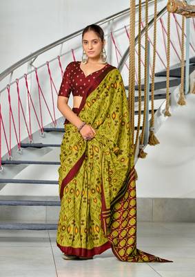 pre draped olive mulmul cotton saree with block print blouse 1