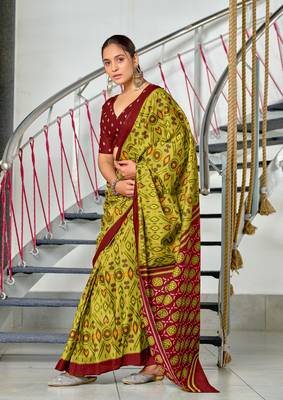 pre draped olive mulmul cotton saree with block print blouse 2