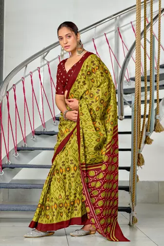 pre draped olive mulmul cotton saree with block print blouse