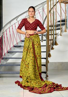 pre draped olive mulmul cotton saree with block print blouse 3