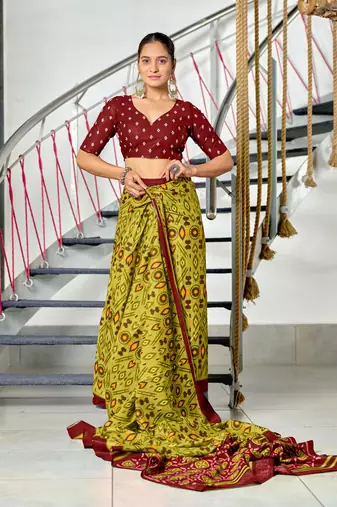 pre draped olive mulmul cotton saree with block print blouse