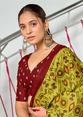 pre draped olive mulmul cotton saree with block print blouse 4