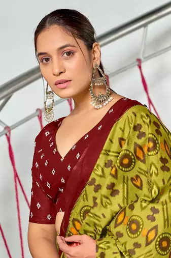 pre draped olive mulmul cotton saree with block print blouse