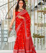 ready to wear red mulmul cotton saree with block print blouse