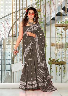 pre-stitched charcoal mulmul cotton saree with block print blouse 1