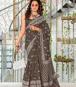 ready to wear charcoal mulmul cotton saree with block print blouse