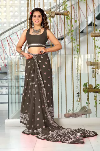 pre-stitched charcoal mulmul cotton saree with block print blouse