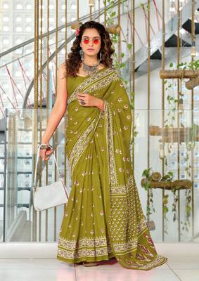 ready to wear olive mulmul cotton saree with block print blouse 1