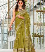 ready to wear olive mulmul cotton saree with block print blouse