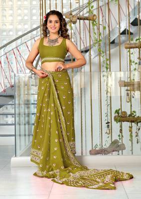 ready to wear olive mulmul cotton saree with block print blouse 3